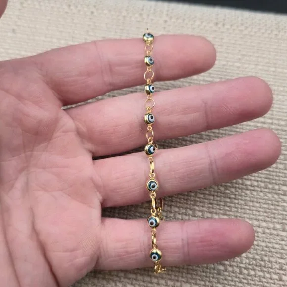 7.5 Inch Gold Over Sterling Silver Evil Eye Nazar Chain Bracelet A7304 - Picture 3 of 7